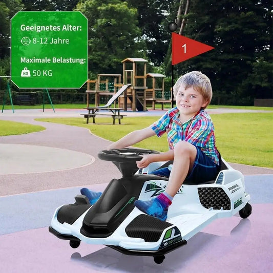 24V Kids Electric Drift Go Kart Ride-On - 180W Brushless Motor, 7Ah Battery, High/Low Adjustable Speed, 5 Wheels, LED Lights, Music, Low Battery Alarm