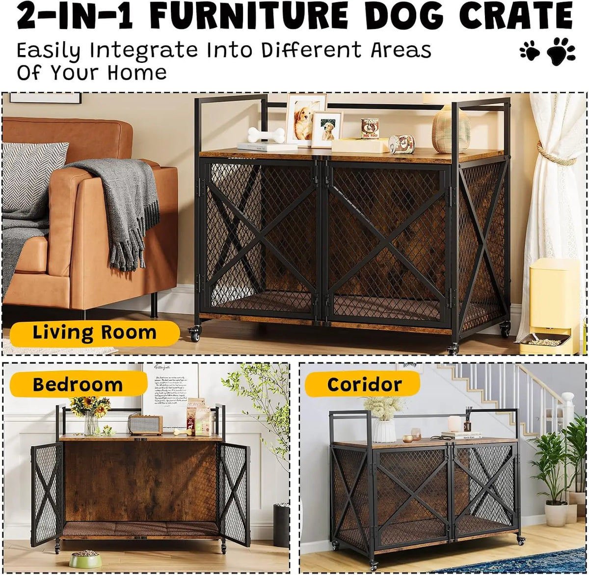 Garvee Heavy Duty Metal Wooden Dog Crate With Double Doors