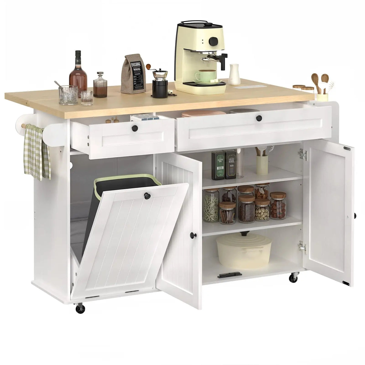 Onbrill Rolling Kitchen Island With Power Outlet And Spice Rack