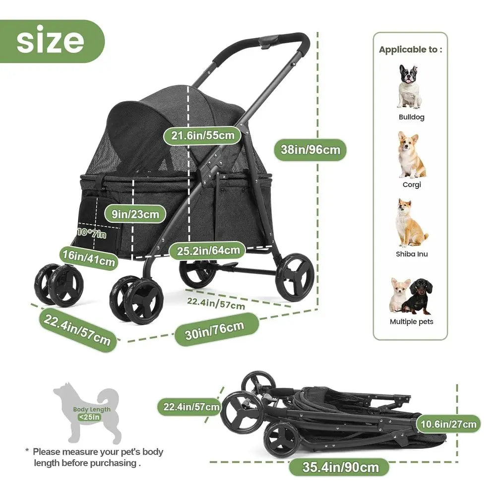 Double Capacity Foldable Pet Stroller With Heavy Duty Wheels