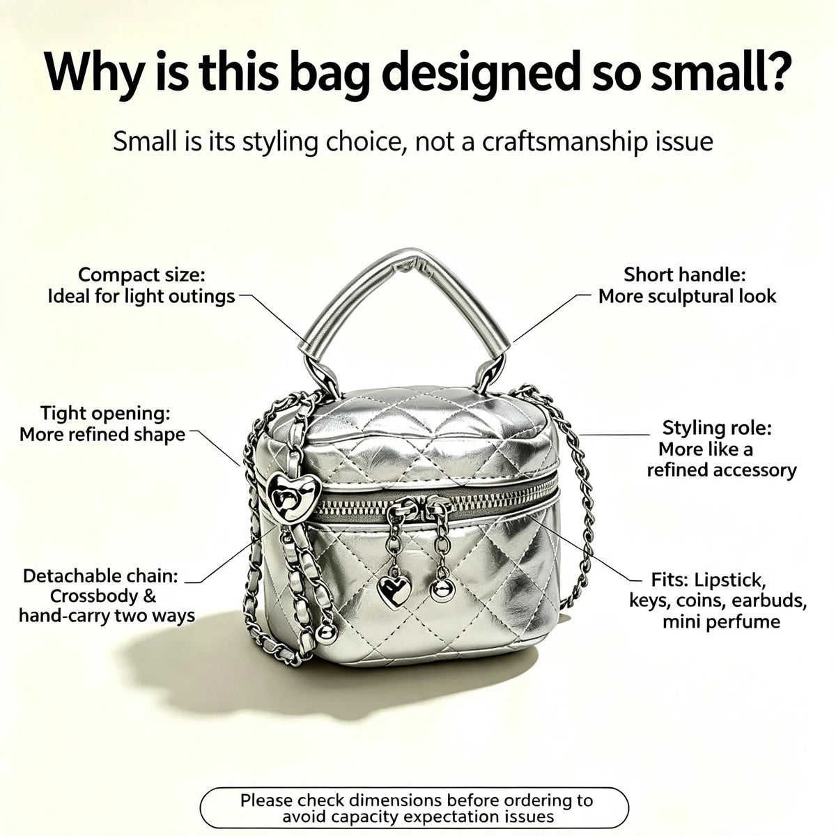 Quilted Metallic Crossbody Bag With Heart Charm Pendant