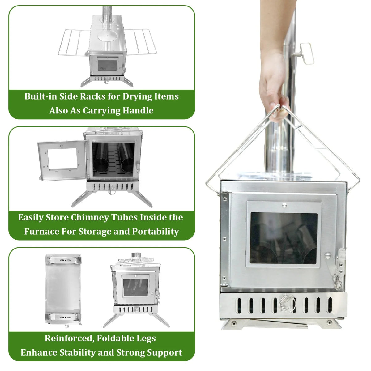 Portable Stainless Steel Wood Heating and Cooking Camp Stove