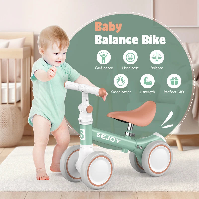 SEJOY Baby Balance Bike Ride Toy for Children,Pedal-free 4-Wheels Baby Toddler for 1-3 Year Lightweight Ride-on Walker for Boys Girls Birthday Gift