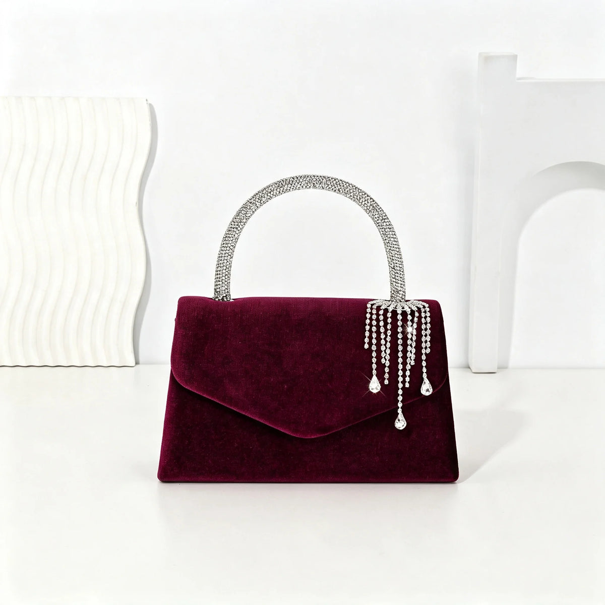 Velvet Envelope Clutch With Rhinestone Tassel And Crossbody Chain