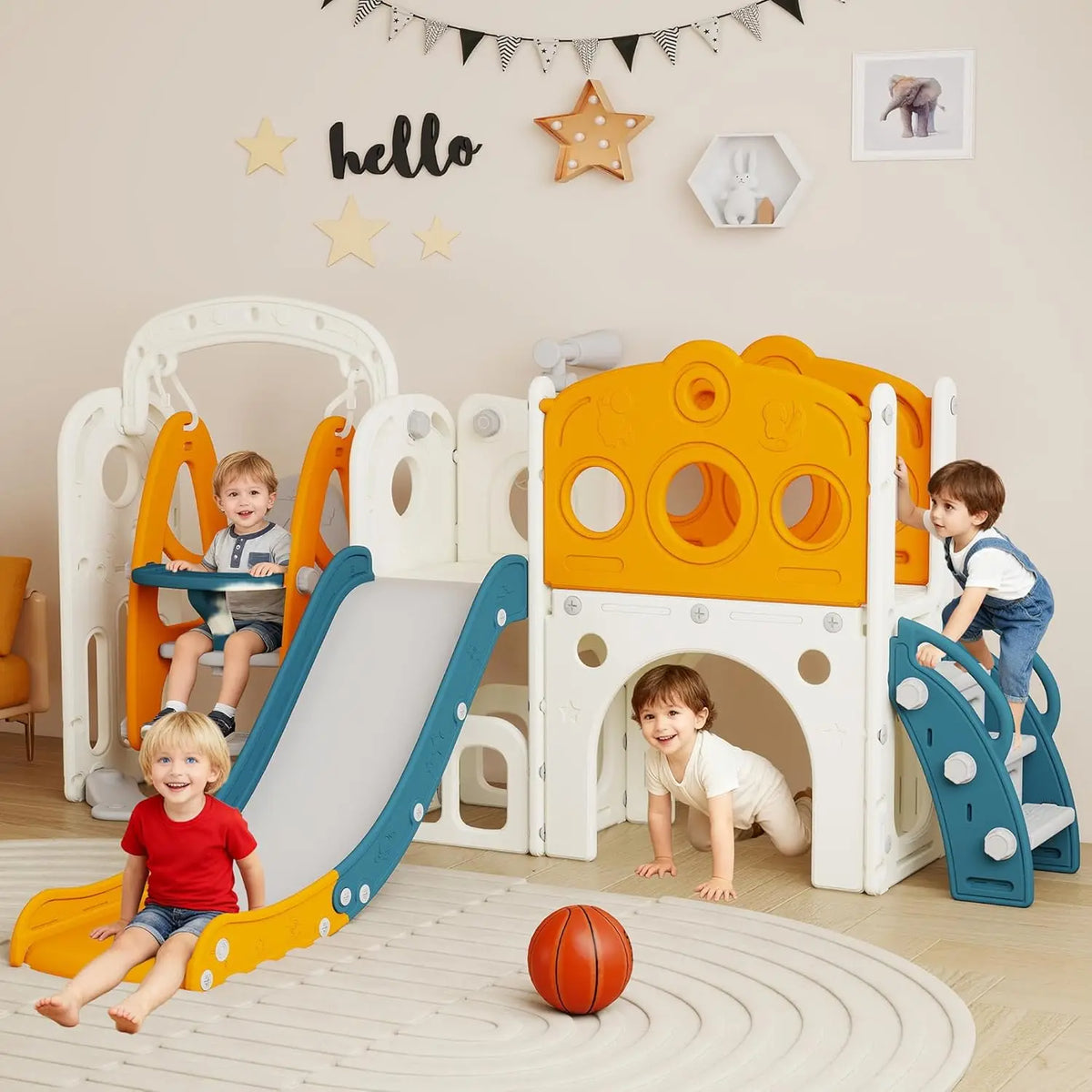 9 in 1 Toddler Slide and Swing Set, Slide for Toddlers 1-3, Kids Indoor Outdoor Playset Playground with Basketball Hoop, Telescope