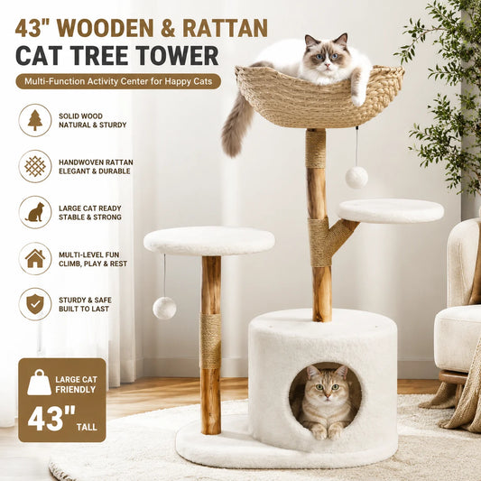 Indoor Wooden Cat Tree With Rattan Perches And Elevated Platforms