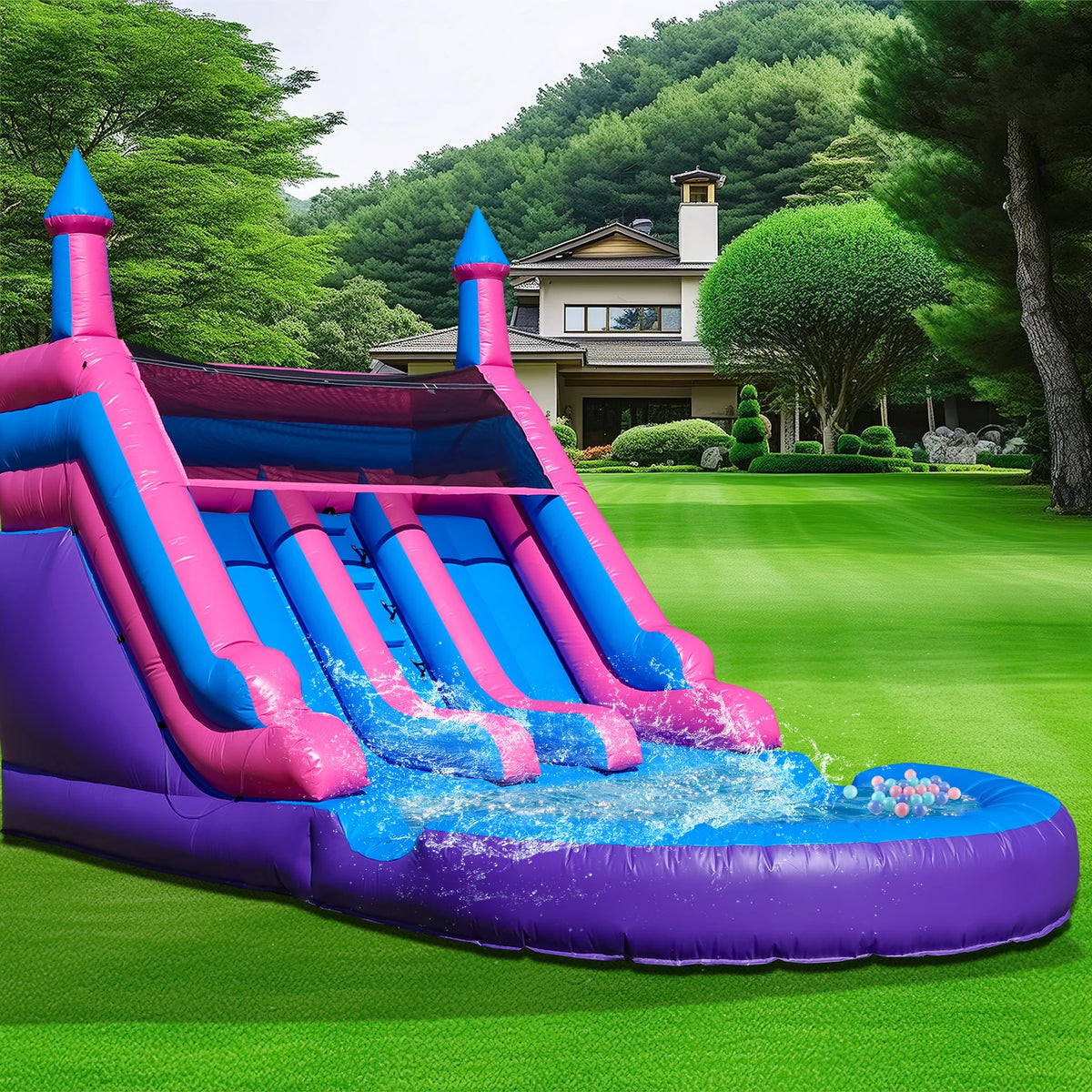 Giant Inflatable Dual Lane Water Slide Castle with Pool Wet Dry Combo Commercial Grade PVC Backyard Family Party 580x400x270cm