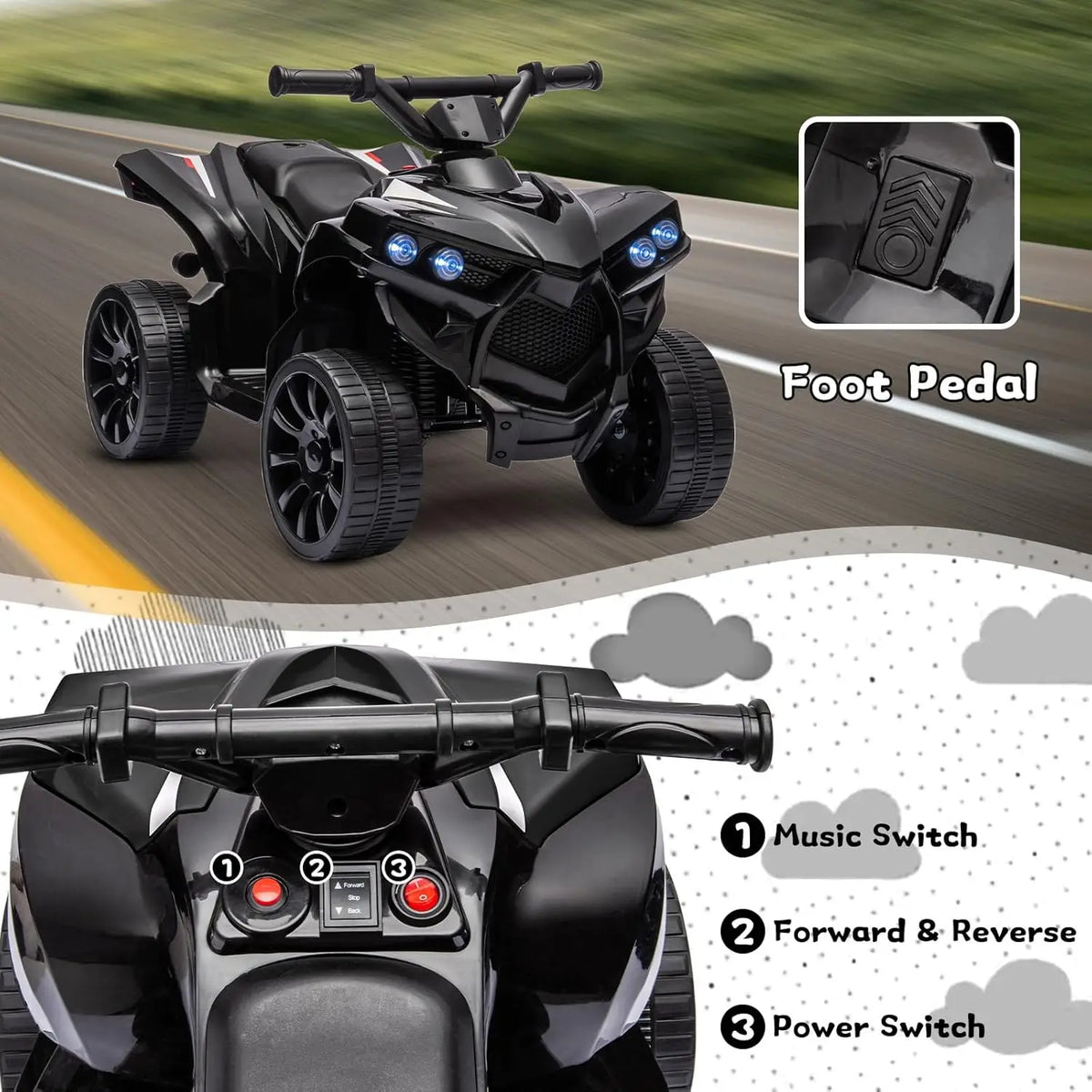 6V Ride on Toy, Kids ATV 4 Wheeler with 1.8MPH Max Speed, Wear-Resistant Wheels, Music & Foot Pedal, Electric Quad Car for Kids