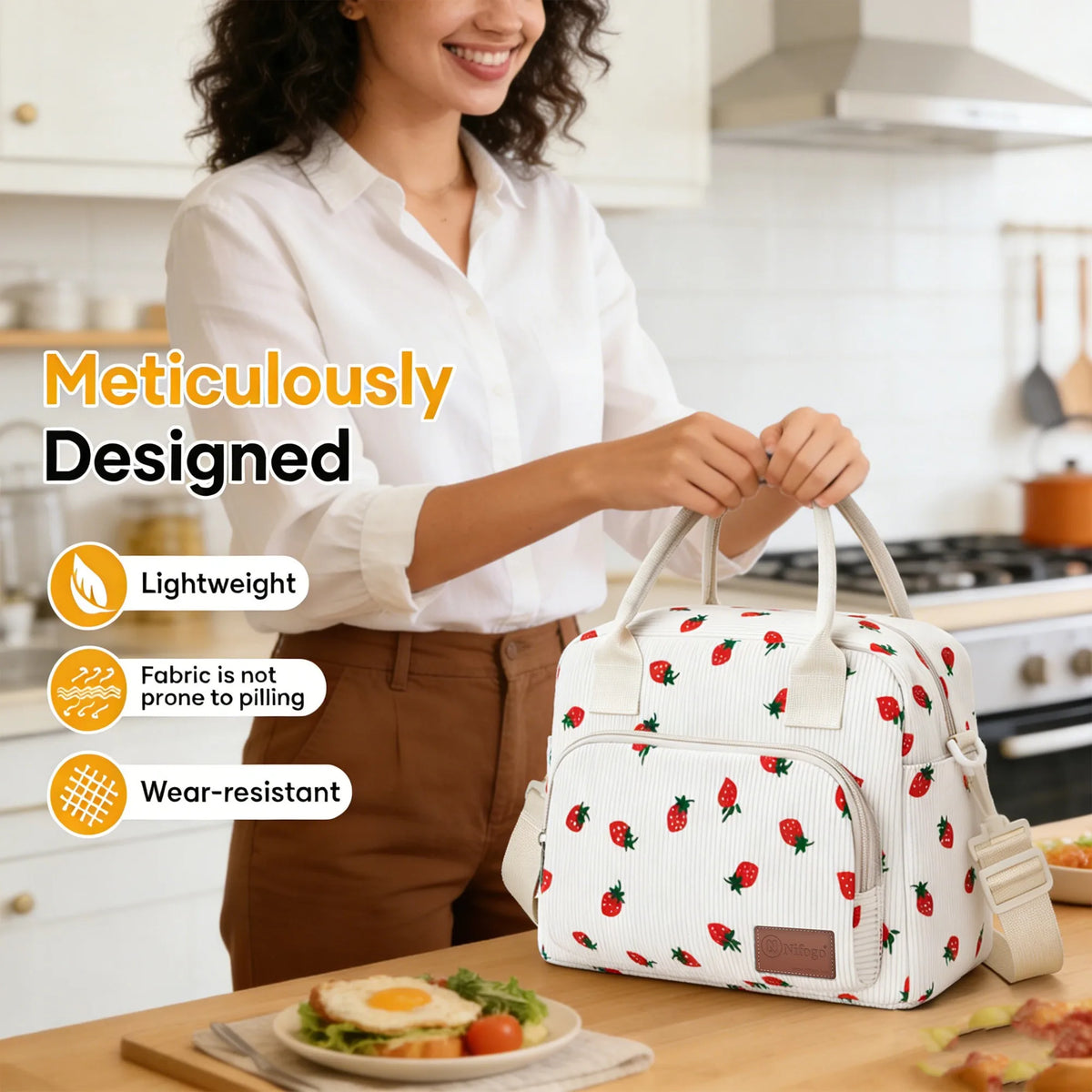 Strawberry Print Insulated Corduroy Lunch Bag With Detachable Shoulder Strap