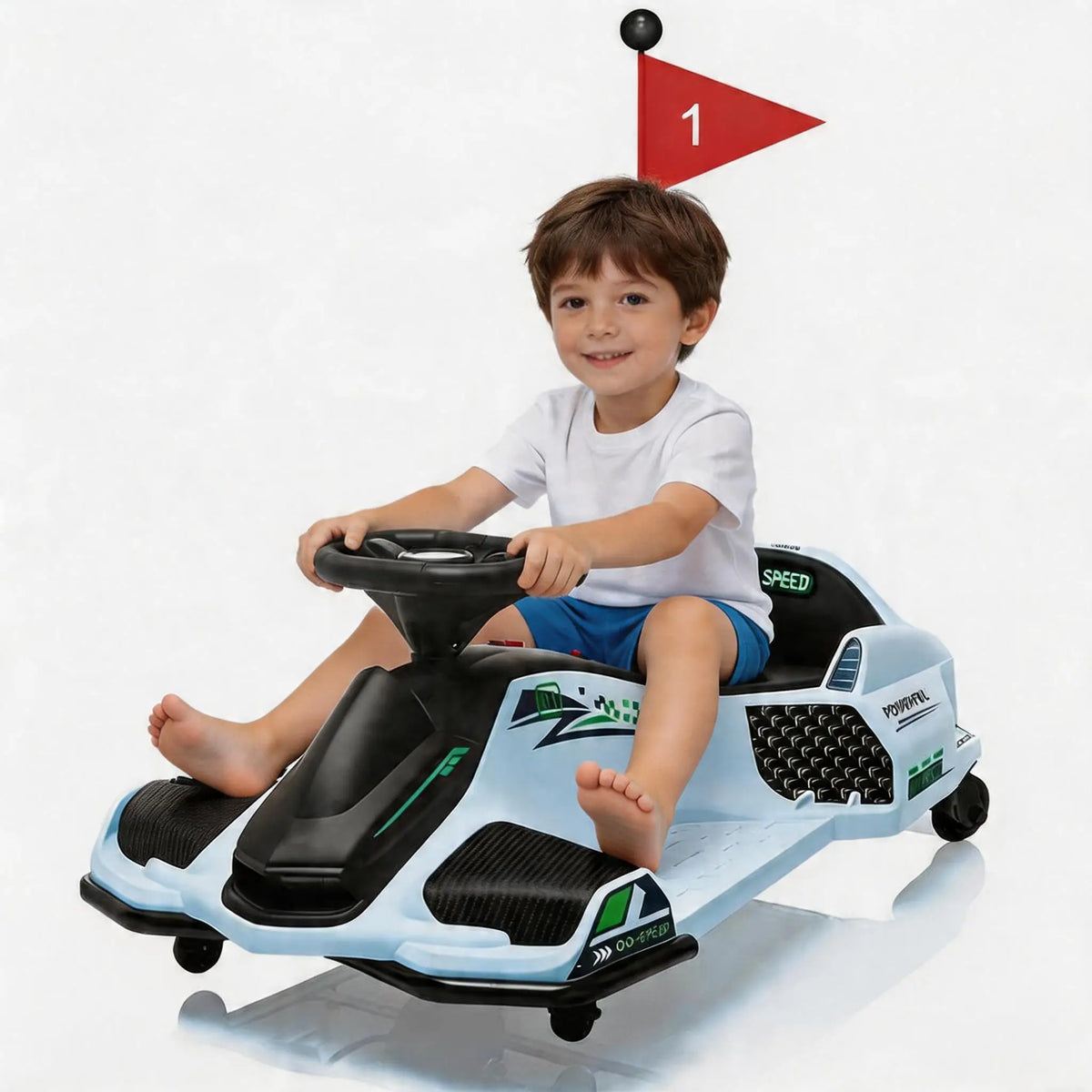 24V Kids Electric Drift Go Kart Ride-On - 180W Brushless Motor, 7Ah Battery, High/Low Adjustable Speed, 5 Wheels, LED Lights, Music, Low Battery Alarm