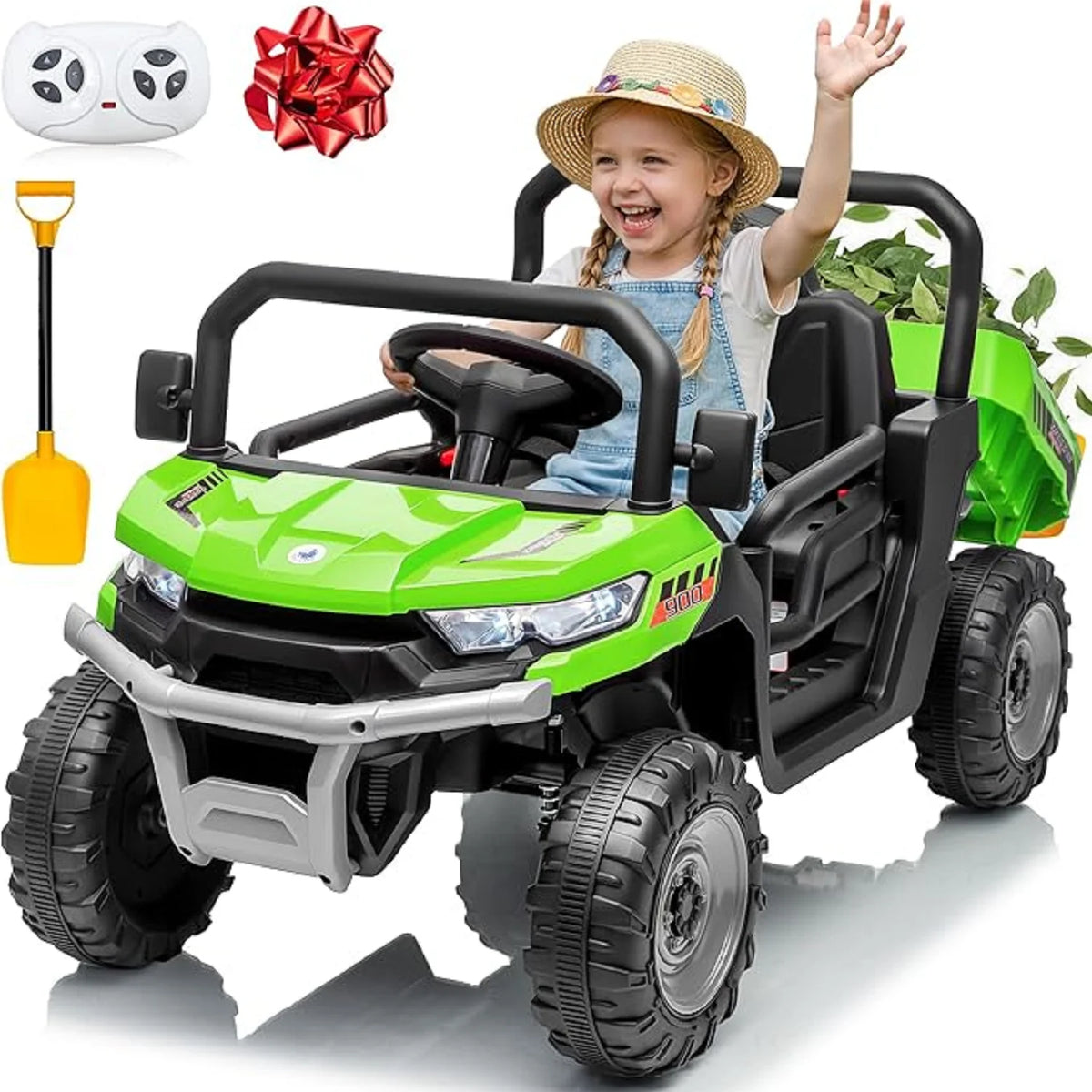 24V Ride On Dump Truck,  Ride On Toys W/Remote Control, 3 Speeds, Electric Dump Bed & Shovel, Shock Absorbers, Led Lights, Bluetooth & Gift Bow, Electric Car for Kids