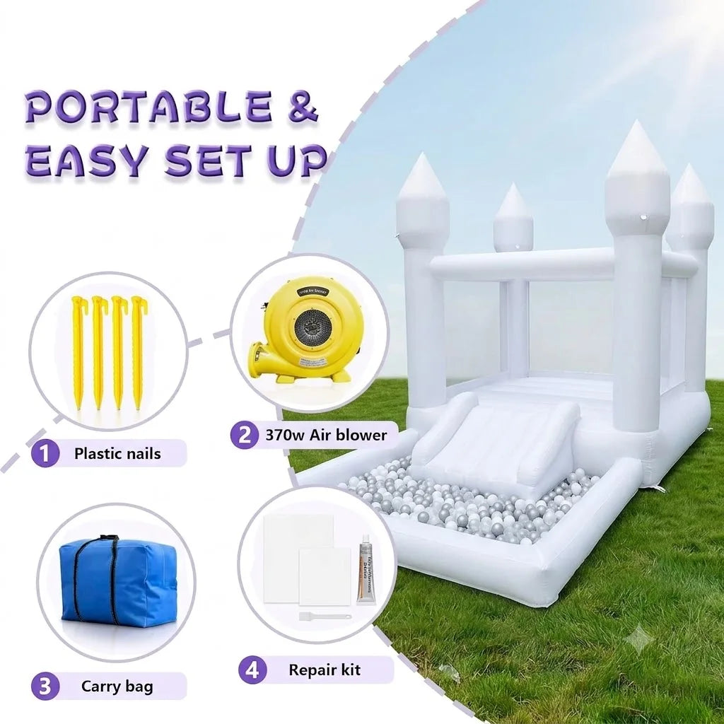 (Come with blower)13x8x8FT Inflatable White Bounce House with Slide & Ball Pit, Oxford Bouncy Castle Indoor and Outdoor Party Use, Creates a Magical for Kids Birthdays and Events
