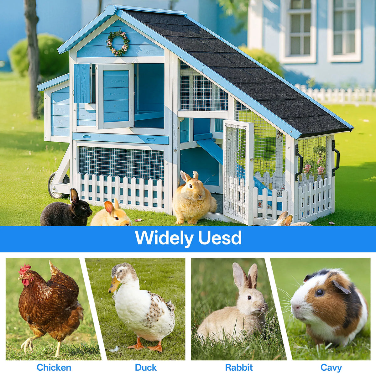 Wheeled Double Decker Rabbit Hutch With Wooden Outdoor Fence