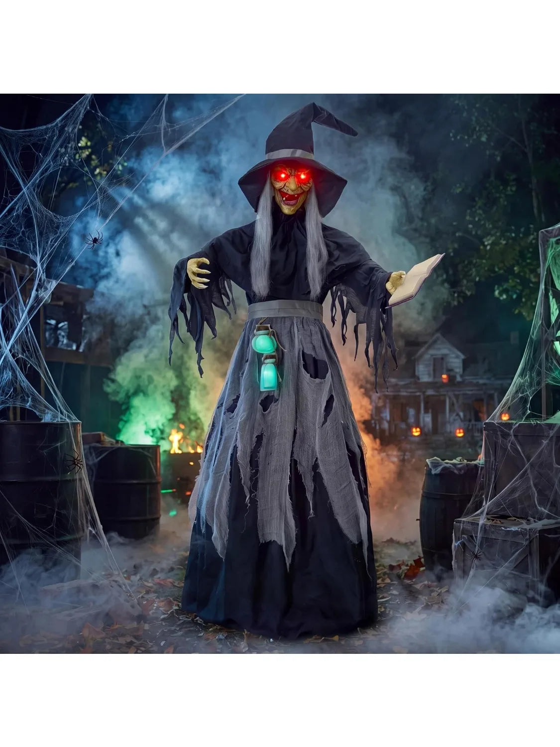 72" Halloween Decorations Outdoor Life-Size Scary Animated Witch with Spellbook, Halloween Animatronic Witch Decor with Sound Activation, Scary Haunted House Props for Garden Yard Lawn
