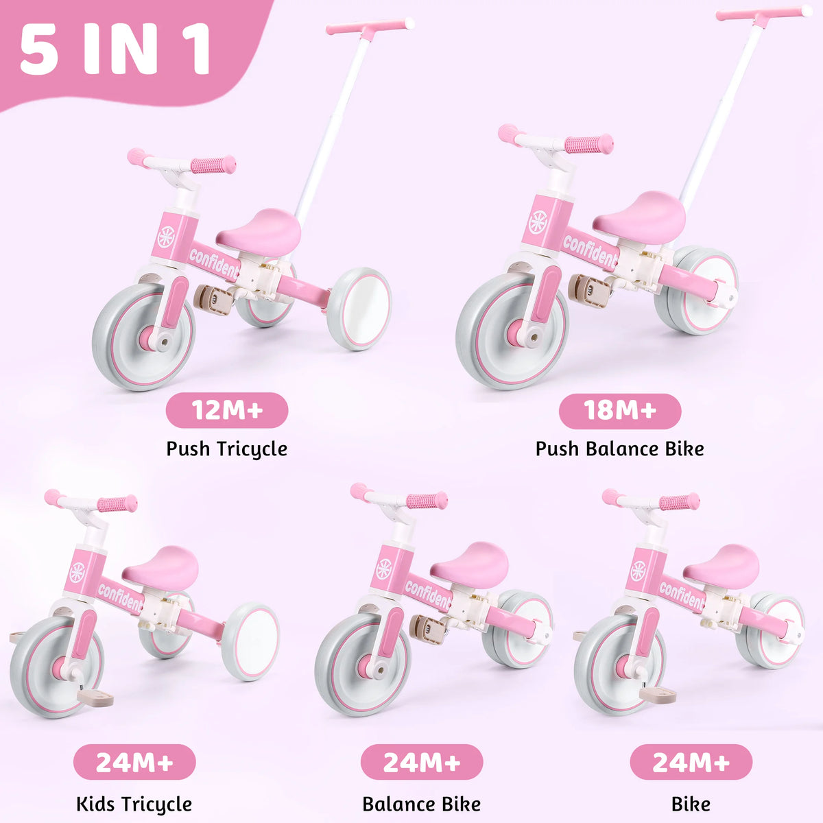 3 in 1 Toddler Tricycle with Push Handle, Pink Kids Balance Bike, Quiet EVA Wheels Carbon Steel Frame, Adjustable Seat Anti-slip Handlebar, Ride On Toy for Girls 1-4 Years Old