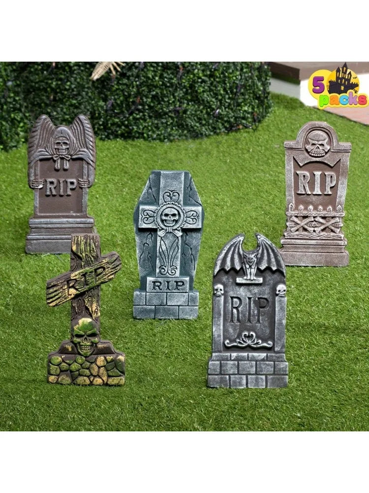 17'' Foam RIP Graveyard Tombstones Halloween Halloween Tombstones Outdoor Decorations for Graves Decorations with 12 Metal Stakes for Cemetery Yard Lawn Party Decor