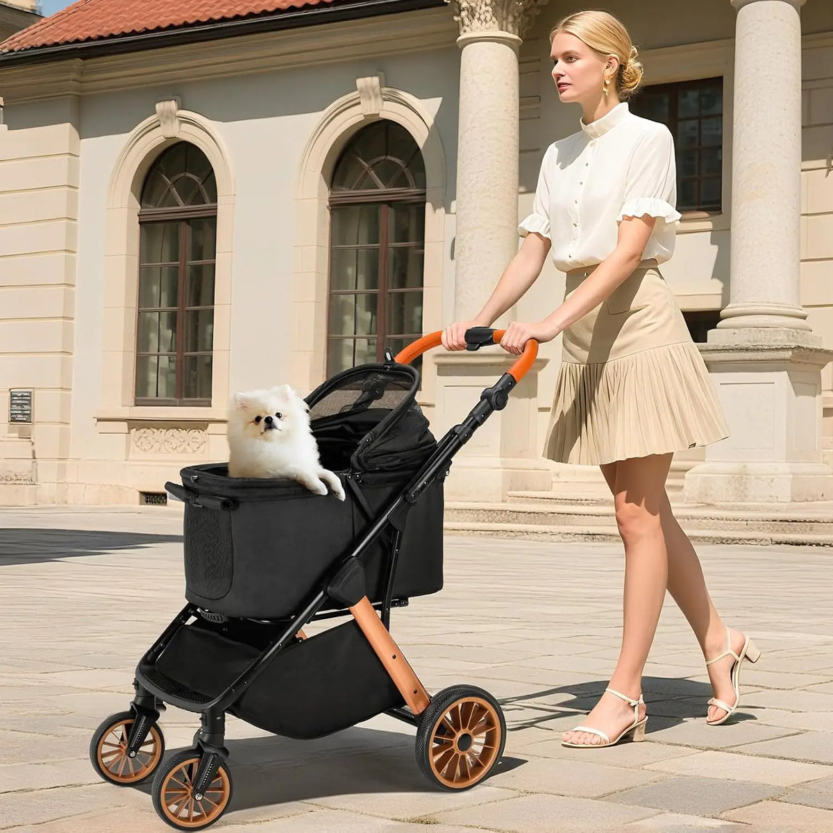 Foldable Aluminum Pet Stroller Featuring Adjustable Handles