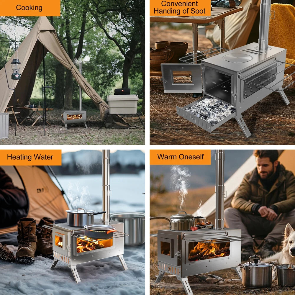 Stainless Steel Portable Wood Burning Camping Stove With Chimney Pipes