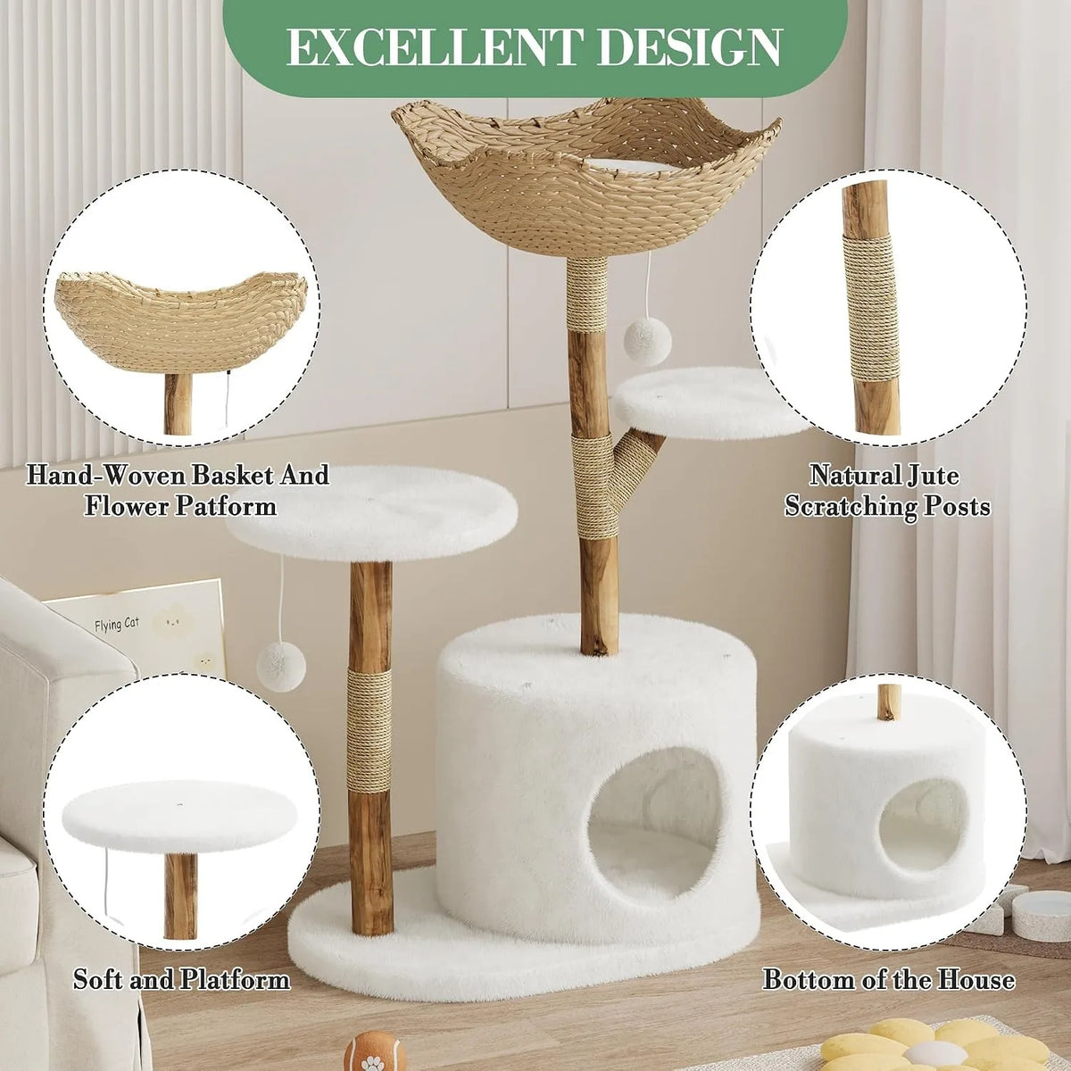 Indoor Wooden Cat Tree With Rattan Perches And Elevated Platforms