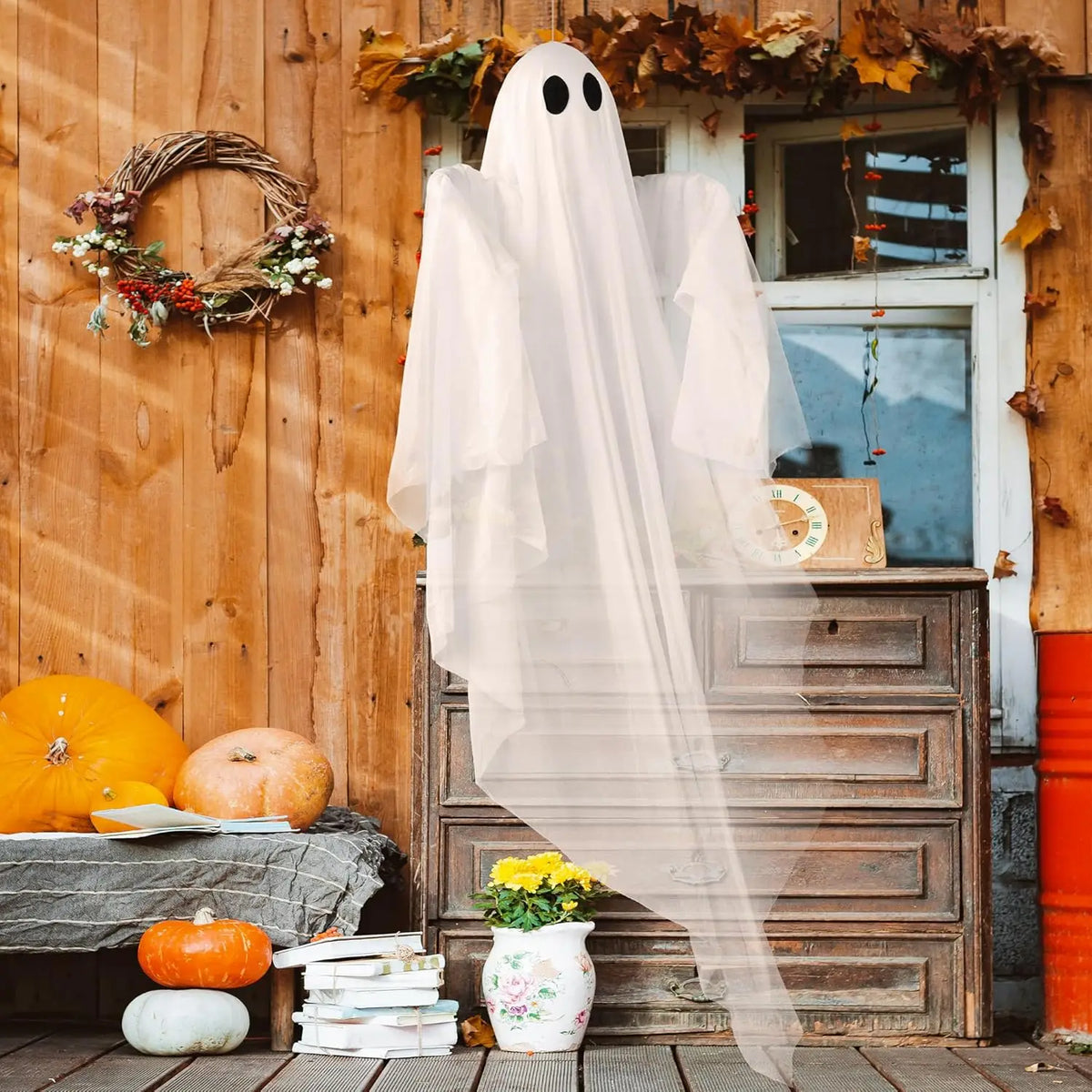 47” Halloween Hanging White Ghost Halloween Hanging Light up Ghost with Spooky Green Blue Purple LED Light  Decoration for Front Yard Patio Lawn Garden Party Decor Indoor Outdoor