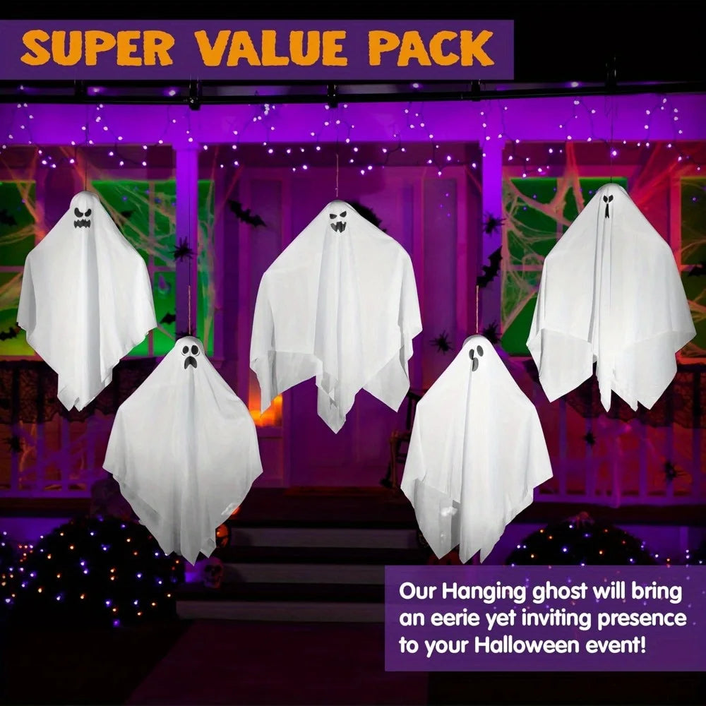 27.5" Hanging Ghosts Halloween Outdoor Decoration (5 Pack) Cute Flying Ghost for Halloween Front Yard Patio Lawn Garden Party Décor and Holiday Hanging Decorations