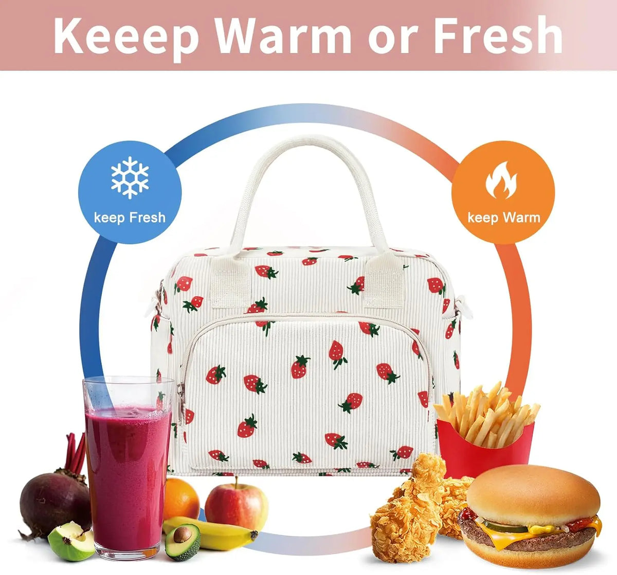 Strawberry Print Insulated Corduroy Lunch Bag With Detachable Shoulder Strap