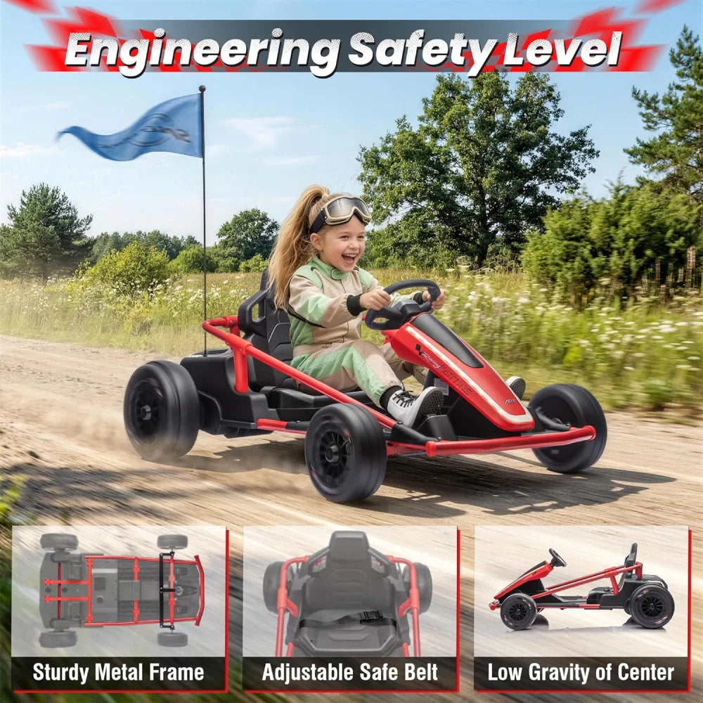24V Kids Electric Go Kart Dual Motor Ride On Car with Remote Control, 5-10MPH 3 Speed Drift Kart for Kids, Bluetooth Music LED Lights, Max Load 135Lbs Outdoor Ride On Toy Vehicle Gift