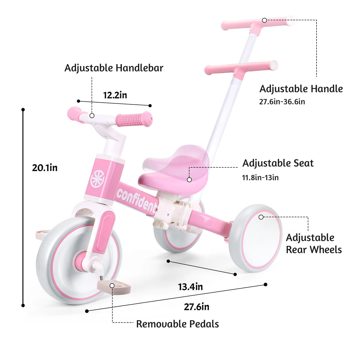 3 in 1 Toddler Tricycle with Push Handle, Pink Kids Balance Bike, Quiet EVA Wheels Carbon Steel Frame, Adjustable Seat Anti-slip Handlebar, Ride On Toy for Girls 1-4 Years Old