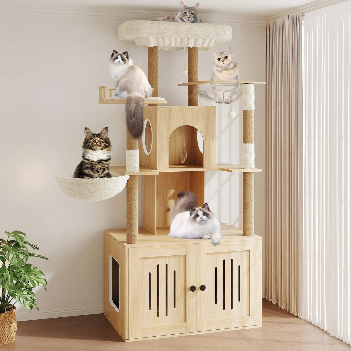 Hosslly Cat Tree With Hidden Litter Box And Hammock