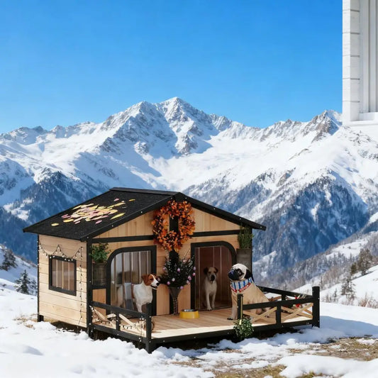Elevated Wooden Dog House With Weatherproof Porch And Openable Roof