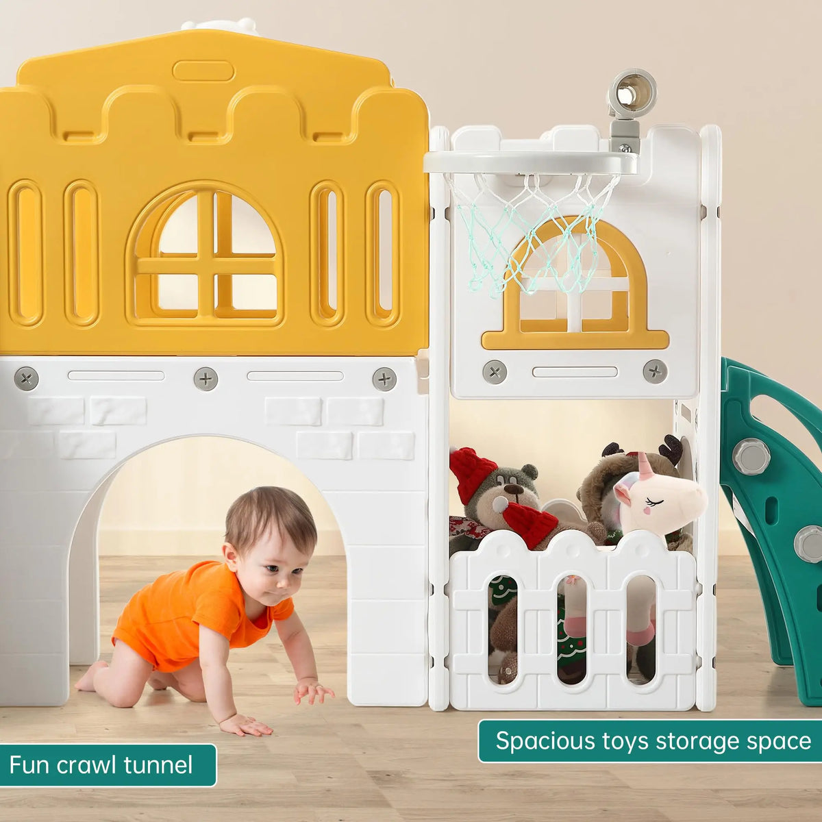 8 In 1 Toddler Slide Indoor Outdoor Playset Kids Climber Crawl Tunnel Basketball Hoop Telescope Steering Wheel Toy Storage Ages 1-3