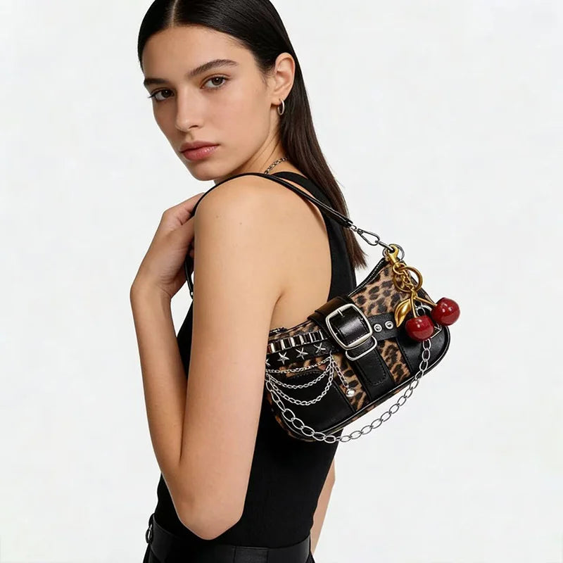 Punk Chain Rivet Underarm Shoulder Crossbody Handbag for Women