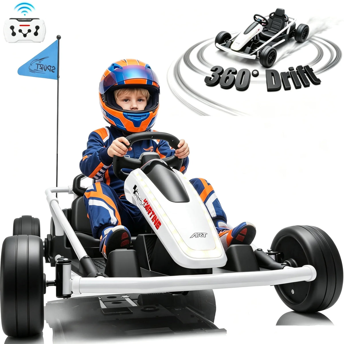 24V Kids Electric Go Kart Dual Motor Ride On Car with Remote Control, 5-10MPH 3 Speed Drift Kart for Kids, Bluetooth Music LED Lights, Max Load 135Lbs Outdoor Ride On Toy Vehicle Gift