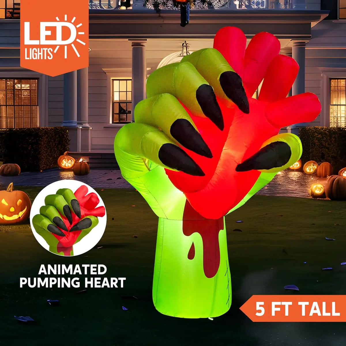 5 Ft Halloween Inflatables Zombie Hand Outdoor Decorations Blow Up Decors with Build-in LEDs and Pumping Heart Halloween Inflatables Zombie Hand Party Decoration for Yard Garden Lawn