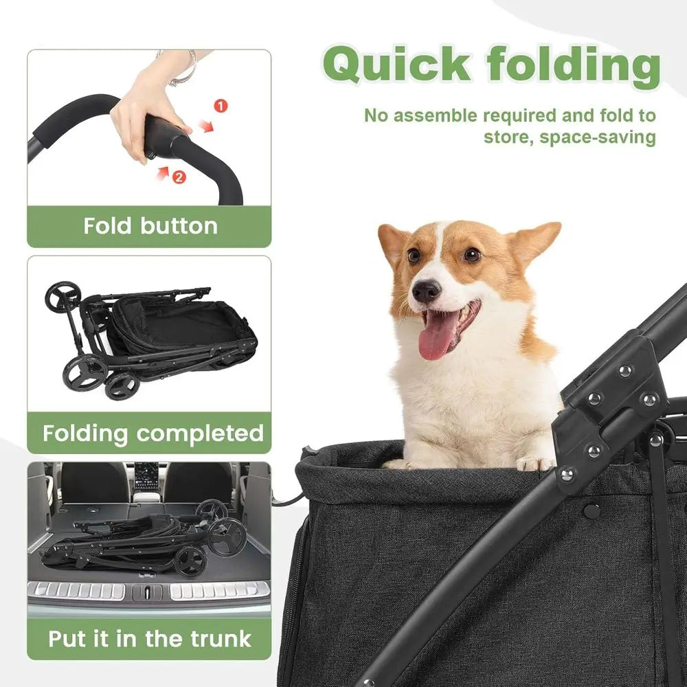 Double Capacity Foldable Pet Stroller With Heavy Duty Wheels