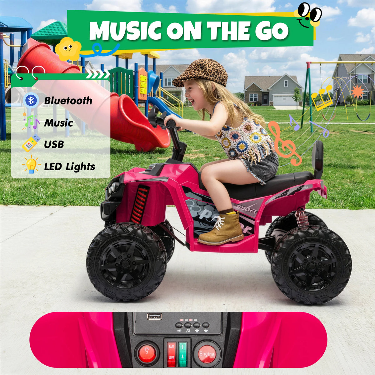 24V 4*200W Kids Ride On ATV Quad, 2 Seater Electric Off-Road Vehicle with Bluetooth, LED Lights, 3 Speeds, for Boys Girls