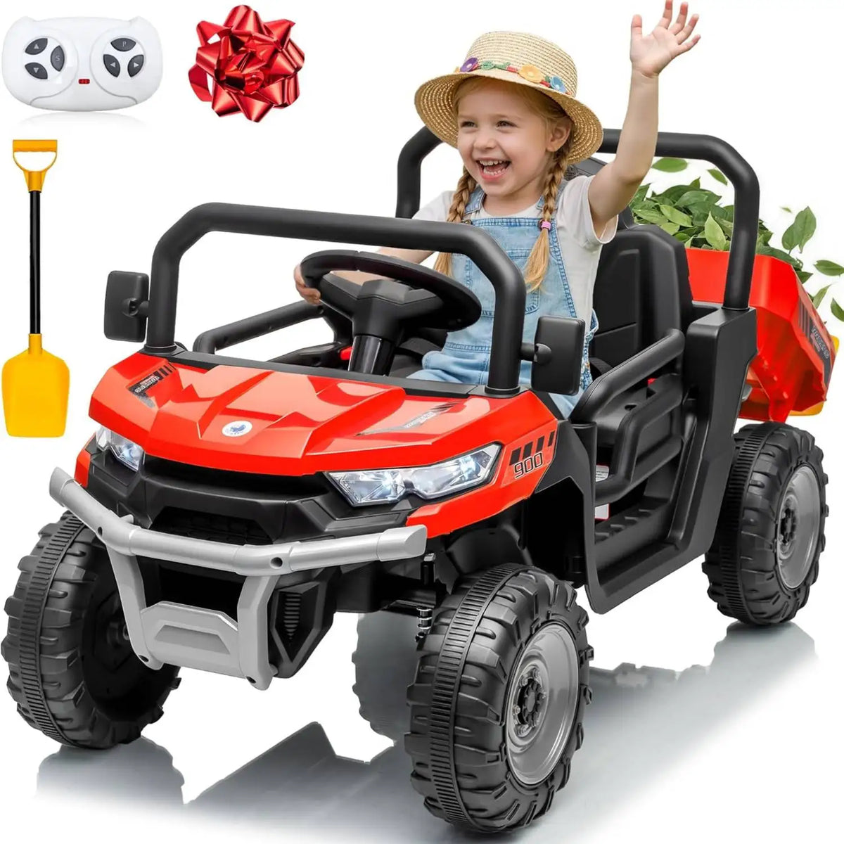 24V Ride On Dump Truck,  Ride On Toys W/Remote Control, 3 Speeds, Electric Dump Bed & Shovel, Shock Absorbers, Led Lights, Bluetooth & Gift Bow, Electric Car for Kids