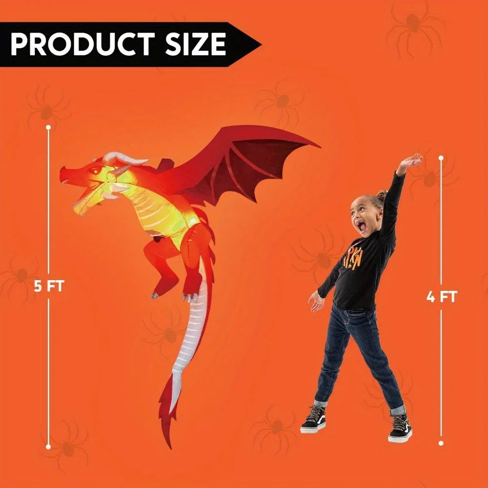 5 FT Tall Hanging Fire Dragon Halloween Inflatable Decor with Build-in LEDs Inflatable Blow Up Flying Dragon with Light for Halloween Party Indoor Outdoor Yard Garden Lawn Decorations