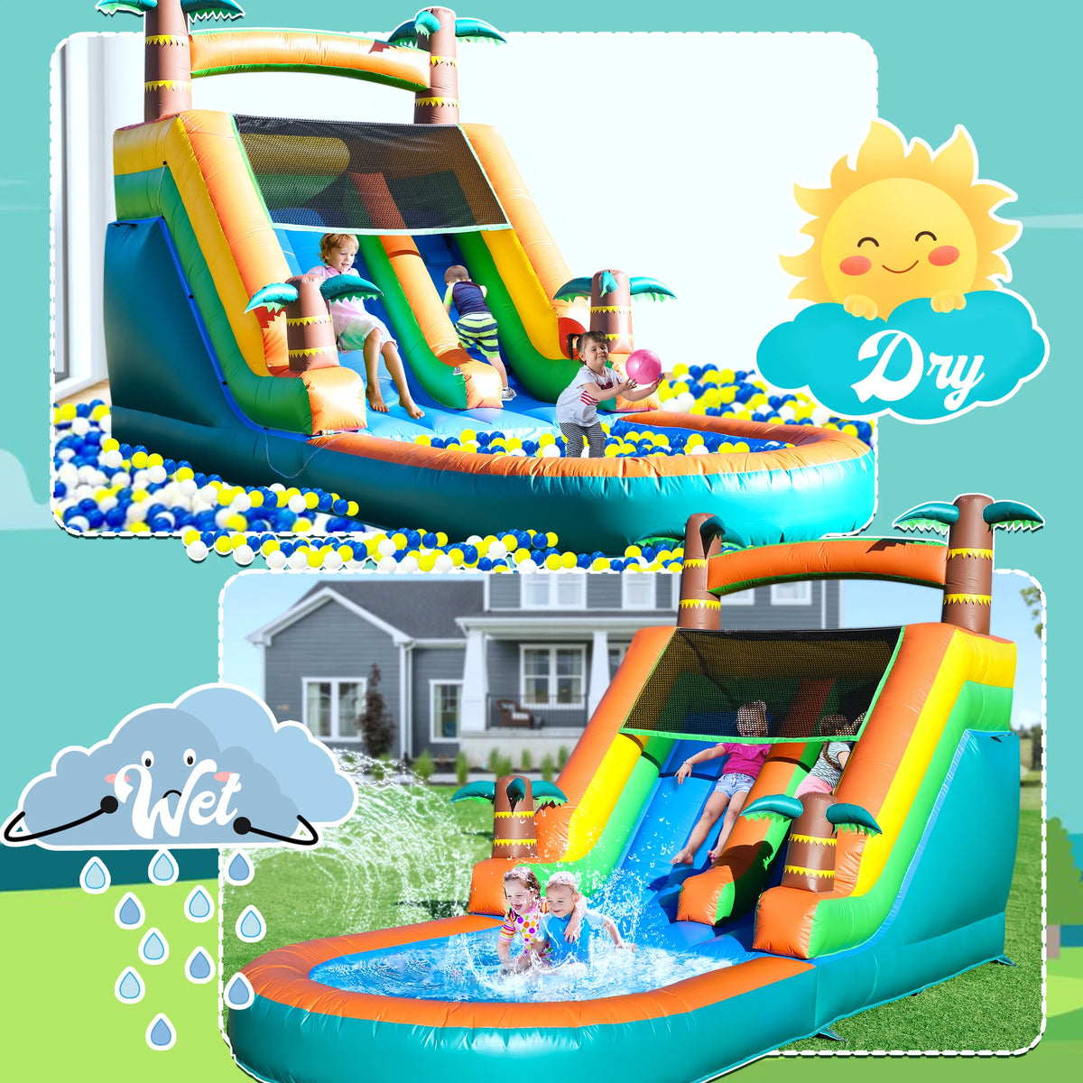 21FT Tropical Water Slide Bounce House Commercial Inflatable Playground 750W Blower for Children's Entertainment