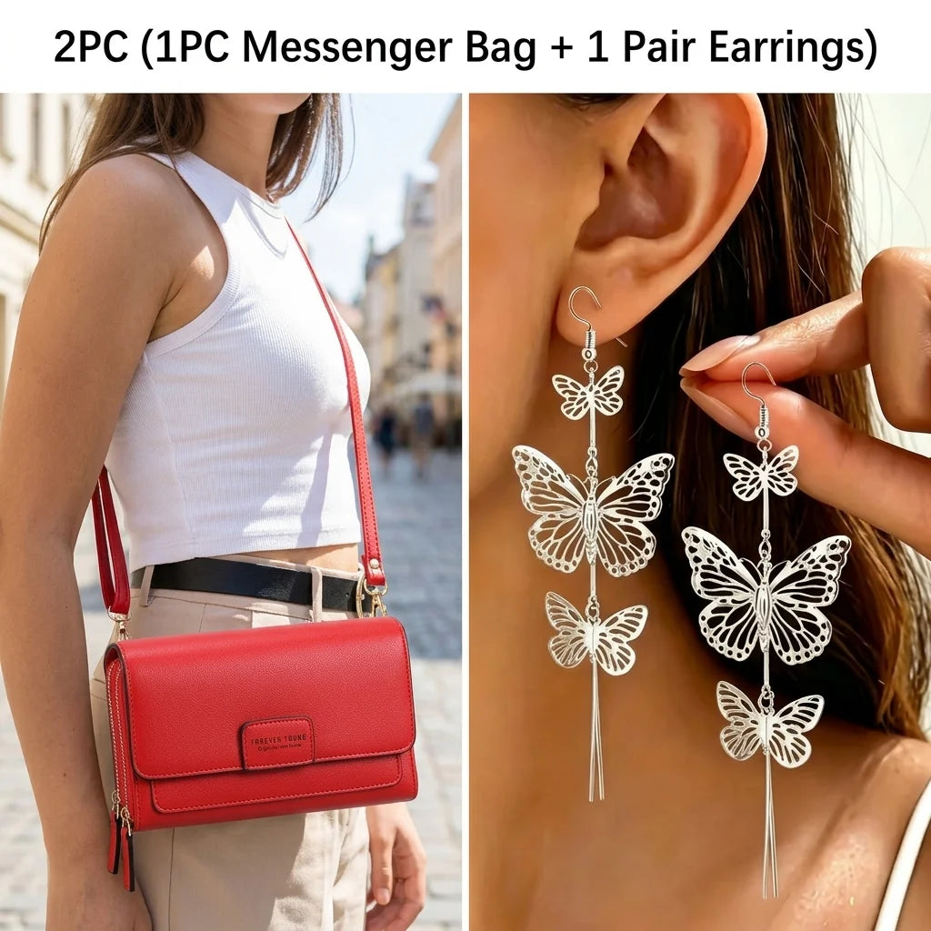 Elegant Women Crossbody Bag With Butterfly Drop Earrings