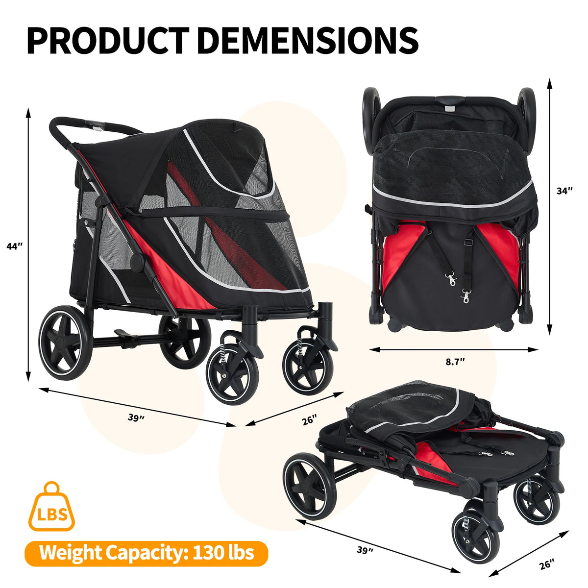 Foldable Dog Stroller With Adjustable Canopy And Ventilated Design