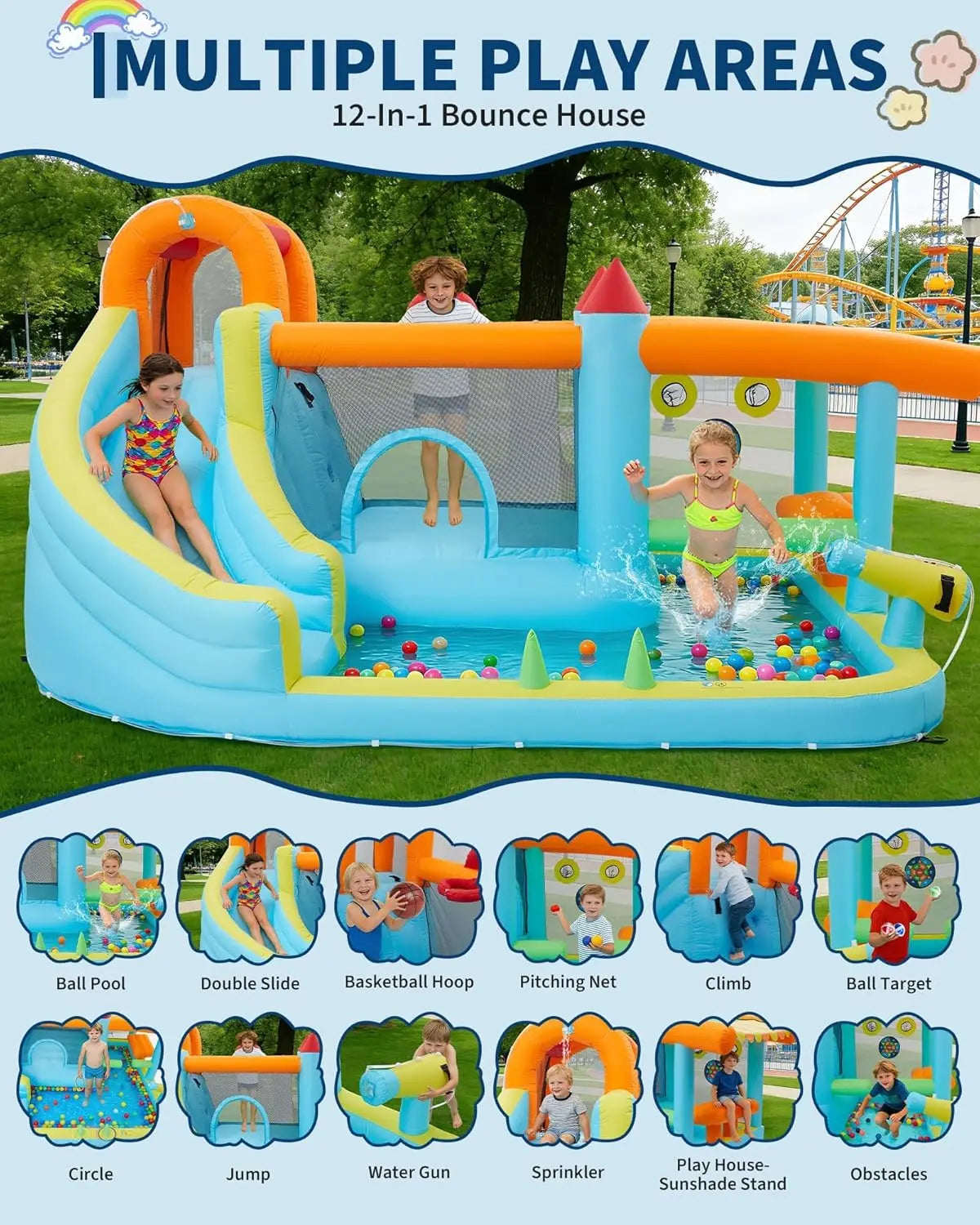 Indoor Outdoor Bounce House for Kids Inflatable Jump Castle with Slide & Blower – Home Backyard or Commercial Play Family Fun