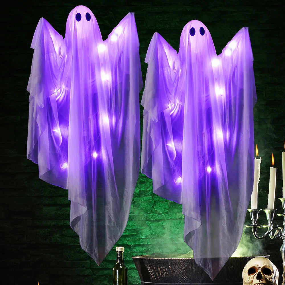 47” Halloween Hanging White Ghost Halloween Hanging Light up Ghost with Spooky Green Blue Purple LED Light  Decoration for Front Yard Patio Lawn Garden Party Decor Indoor Outdoor