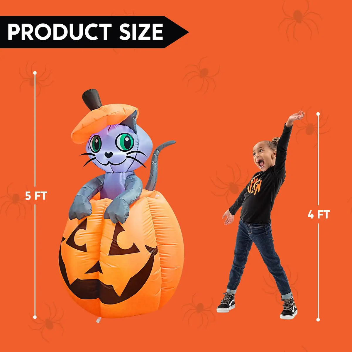 5 FT Tall Animated Kitty Cat Halloween Inflatable On Pumpkin Outdoor Decoration for Halloween Blow Up Yard Lawn Inflatables Gift