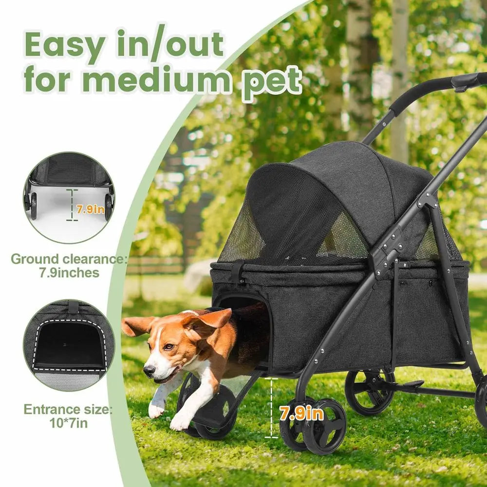 Double Capacity Foldable Pet Stroller With Heavy Duty Wheels