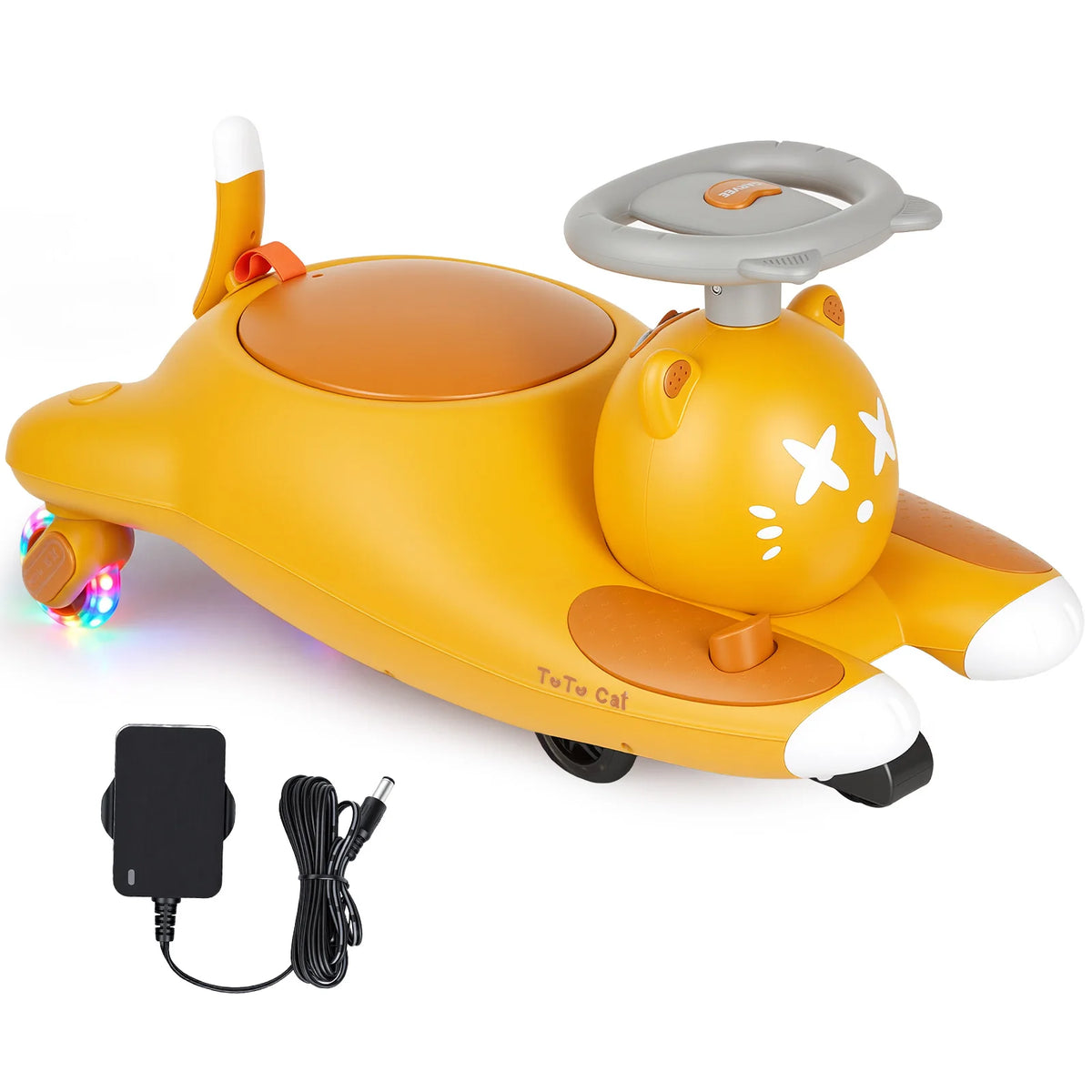 2-in-1 6V/12V Electric Wiggle Ride-On Car for Kids - Pedal Swing Car, 2 Speeds, 360° Steering, LED Flashing Wheels, wireless Music, Anti-Tip, Ages 3-6 - Mustard Yellow