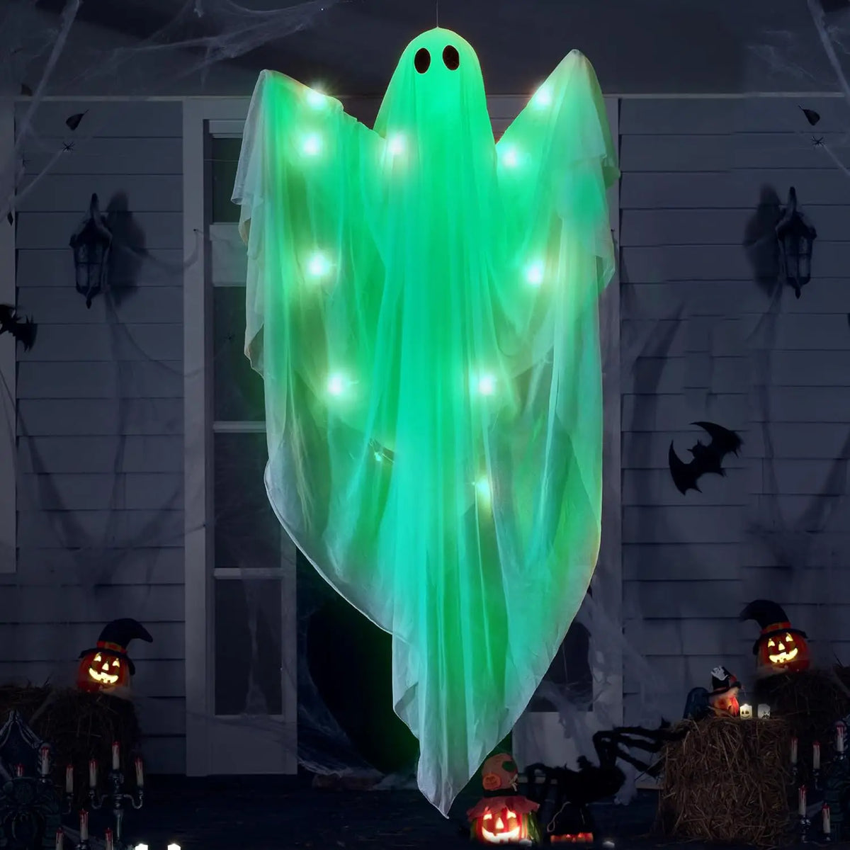 47” Halloween Hanging White Ghost Halloween Hanging Light up Ghost with Spooky Green Blue Purple LED Light  Decoration for Front Yard Patio Lawn Garden Party Decor Indoor Outdoor