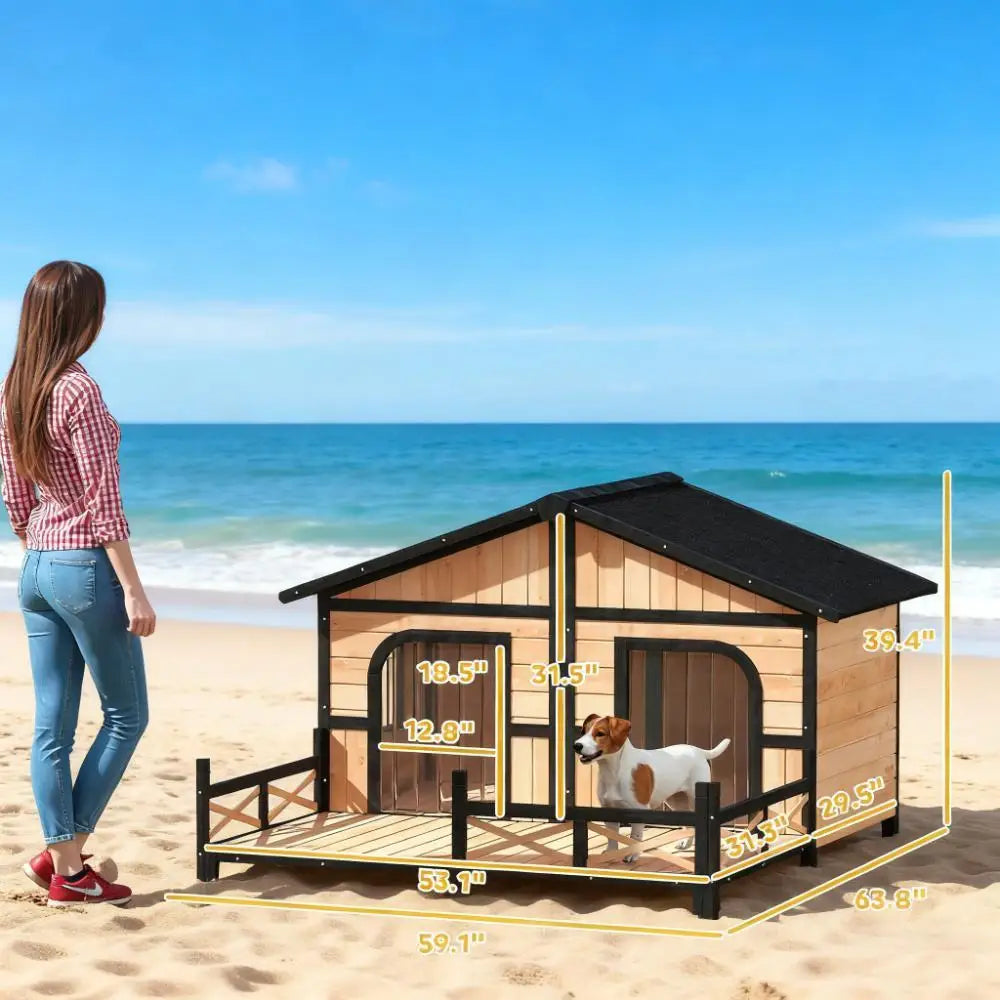 Elevated Wooden Dog House With Weatherproof Porch And Openable Roof