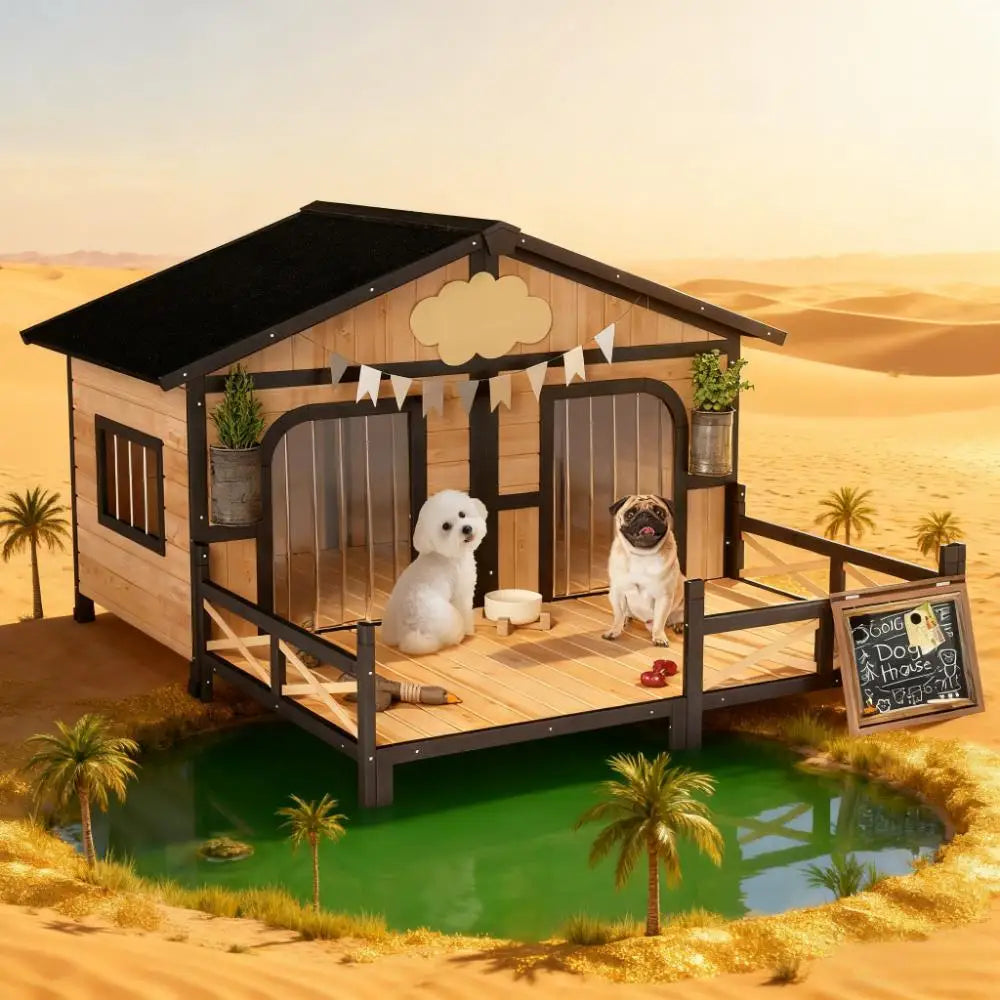 Elevated Wooden Dog House With Weatherproof Porch And Openable Roof