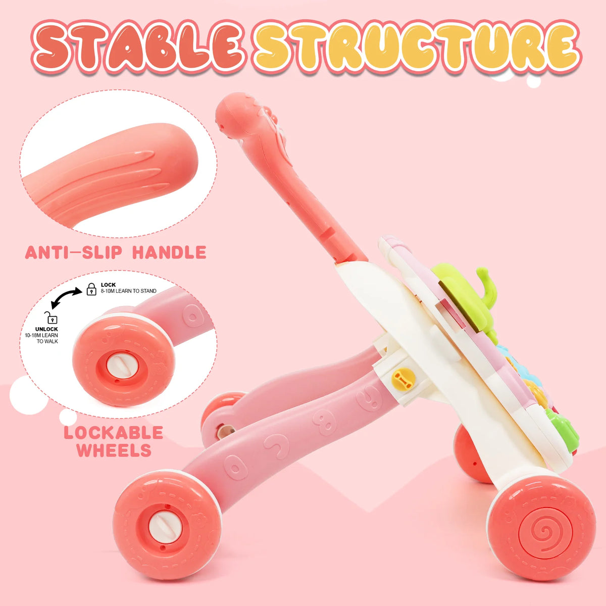 3-in-1 Multifunctional Scientific Early Learning Walking Cart, Toddler Assist Walking Interactive Push Toy with Soft Music, Adjustable Speed, Non-Slip Wheels & Educational Activity Center